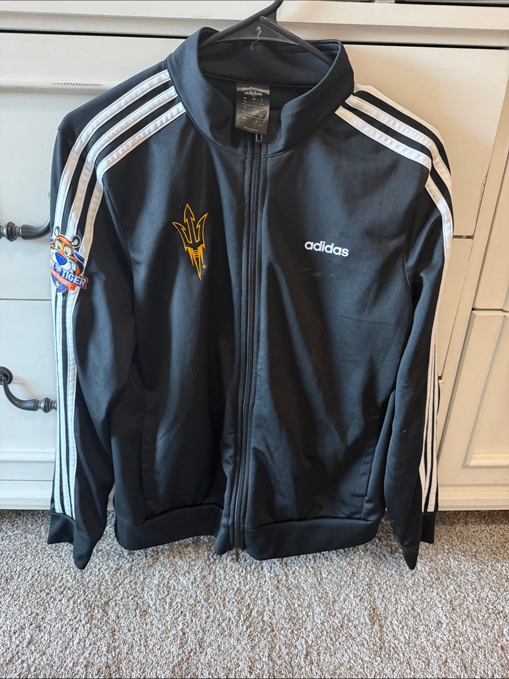 adidas Black Track Jacket with White Stripes and Gold Accent